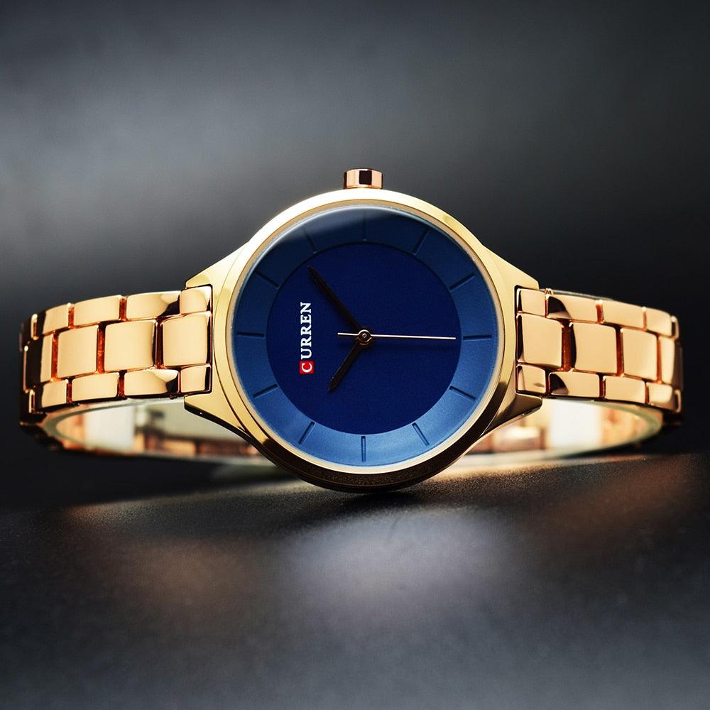 Montre de Luxe pour Femme Or Rose Montres-bracelets en Acier Inoxydable Mode Mince Quartz Montre Femme Étanche Montre-bracelet en Acier Inoxydable Design Rond Élégant pour Femmes
