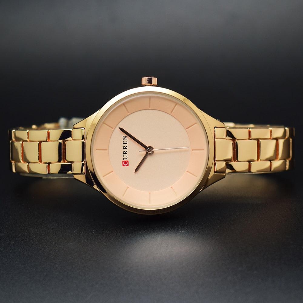 Montre de Luxe pour Femme Or Rose Montres-bracelets en Acier Inoxydable Mode Mince Quartz Montre Femme Étanche Montre-bracelet en Acier Inoxydable Design Rond Élégant pour Femmes