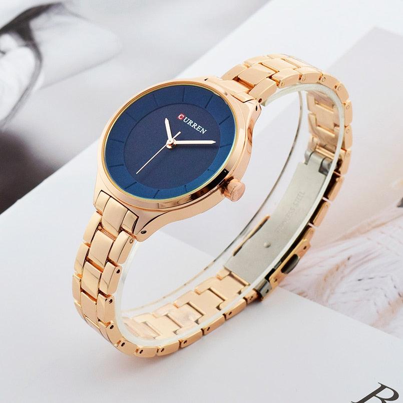 Montre de Luxe pour Femme Or Rose Montres-bracelets en Acier Inoxydable Mode Mince Quartz Montre Femme Étanche Montre-bracelet en Acier Inoxydable Design Rond Élégant pour Femmes