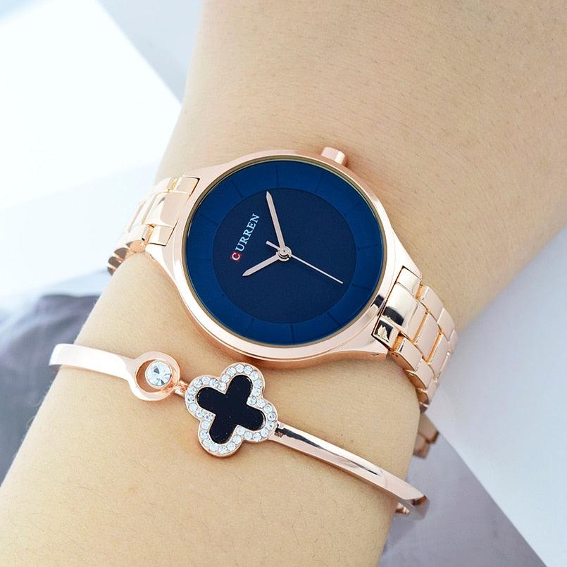 Montre de Luxe pour Femme Or Rose Montres-bracelets en Acier Inoxydable Mode Mince Quartz Montre Femme Étanche Montre-bracelet en Acier Inoxydable Design Rond Élégant pour Femmes