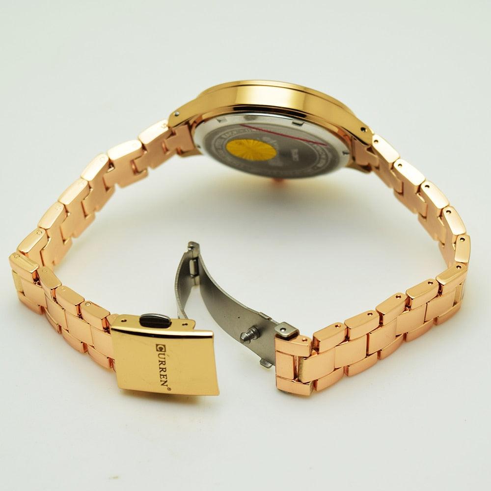 Montre de Luxe pour Femme Or Rose Montres-bracelets en Acier Inoxydable Mode Mince Quartz Montre Femme Étanche Montre-bracelet en Acier Inoxydable Design Rond Élégant pour Femmes