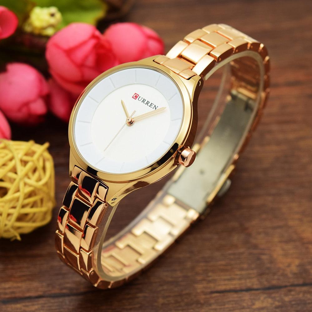 Montre de Luxe pour Femme Or Rose Montres-bracelets en Acier Inoxydable Mode Mince Quartz Montre Femme Étanche Montre-bracelet en Acier Inoxydable Design Rond Élégant pour Femmes