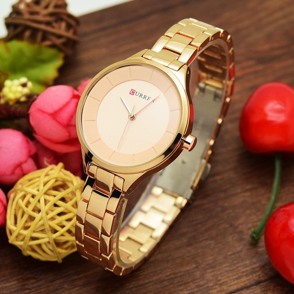 Montre de Luxe pour Femme Or Rose Montres-bracelets en Acier Inoxydable Mode Mince Quartz Montre Femme Étanche Montre-bracelet en Acier Inoxydable Design Rond Élégant pour Femmes