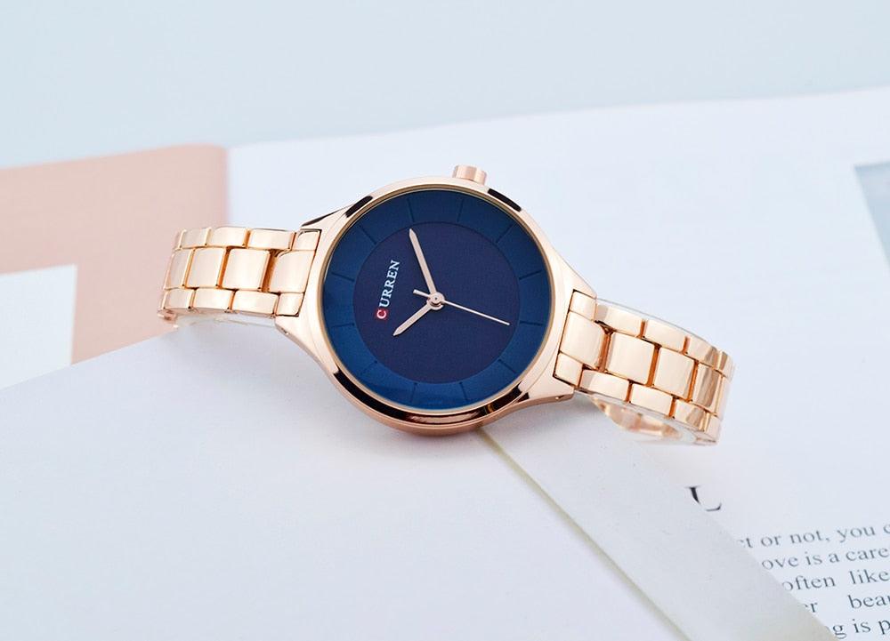 Montre de Luxe pour Femme Or Rose Montres-bracelets en Acier Inoxydable Mode Mince Quartz Montre Femme Étanche Montre-bracelet en Acier Inoxydable Design Rond Élégant pour Femmes