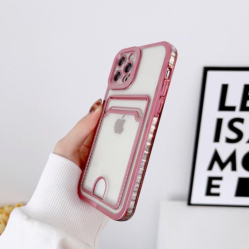 Étui de téléphone carré de luxe pour iPhone 13 11 14 12 Pro Max Mini XS XR 6s 7 8 Plus SE Coque souple en silicone avec porte-cartes Emplacement pour carte transparent Étui de protection mince en portefeuille souple