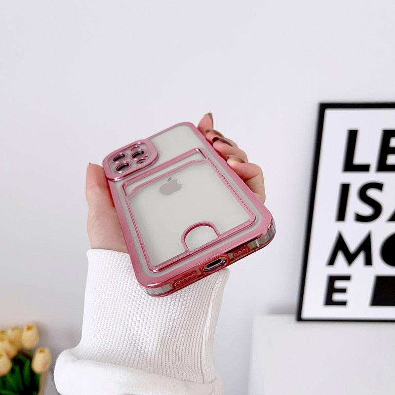 Étui de téléphone carré de luxe pour iPhone 13 11 14 12 Pro Max Mini XS XR 6s 7 8 Plus SE Coque souple en silicone avec porte-cartes Emplacement pour carte transparent Étui de protection mince en portefeuille souple