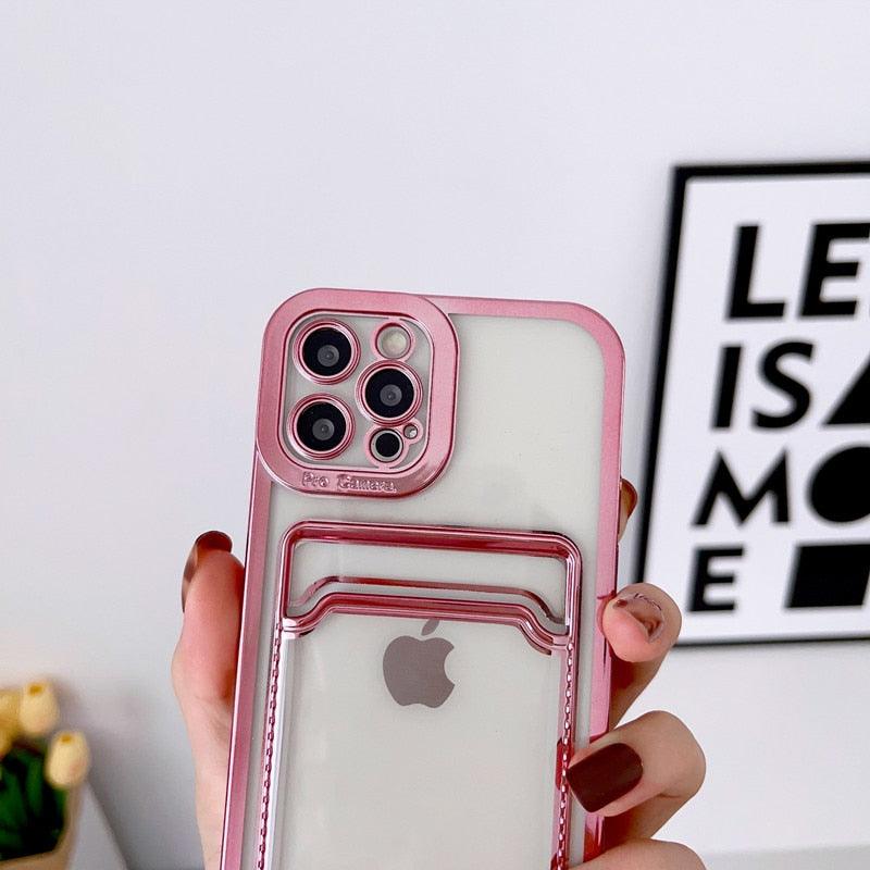 Étui de téléphone carré de luxe pour iPhone 13 11 14 12 Pro Max Mini XS XR 6s 7 8 Plus SE Coque souple en silicone avec porte-cartes Emplacement pour carte transparent Étui de protection mince en portefeuille souple