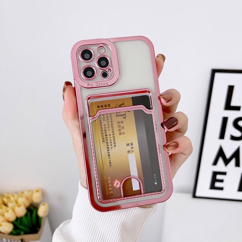 Étui de téléphone carré de luxe pour iPhone 13 11 14 12 Pro Max Mini XS XR 6s 7 8 Plus SE Coque souple en silicone avec porte-cartes Emplacement pour carte transparent Étui de protection mince en portefeuille souple