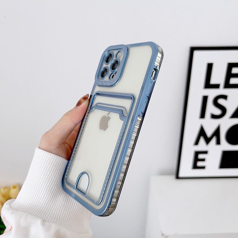 Étui de téléphone carré de luxe pour iPhone 13 11 14 12 Pro Max Mini XS XR 6s 7 8 Plus SE Coque souple en silicone avec porte-cartes Emplacement pour carte transparent Étui de protection mince en portefeuille souple