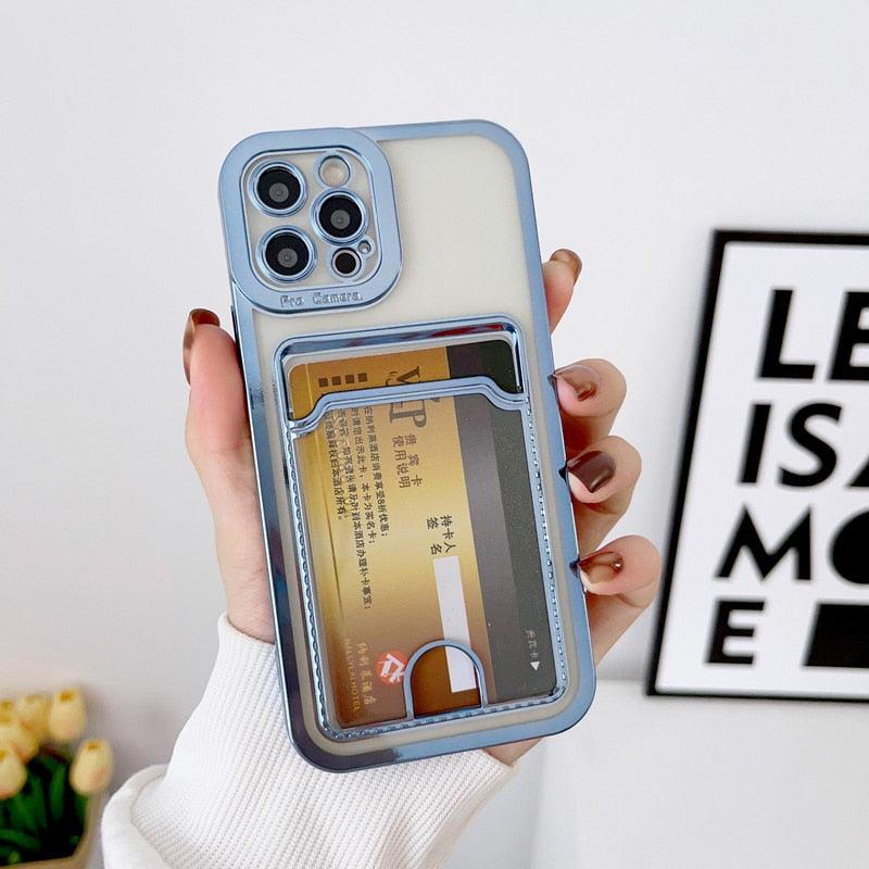 Étui de téléphone carré de luxe pour iPhone 13 11 14 12 Pro Max Mini XS XR 6s 7 8 Plus SE Coque souple en silicone avec porte-cartes Emplacement pour carte transparent Étui de protection mince en portefeuille souple