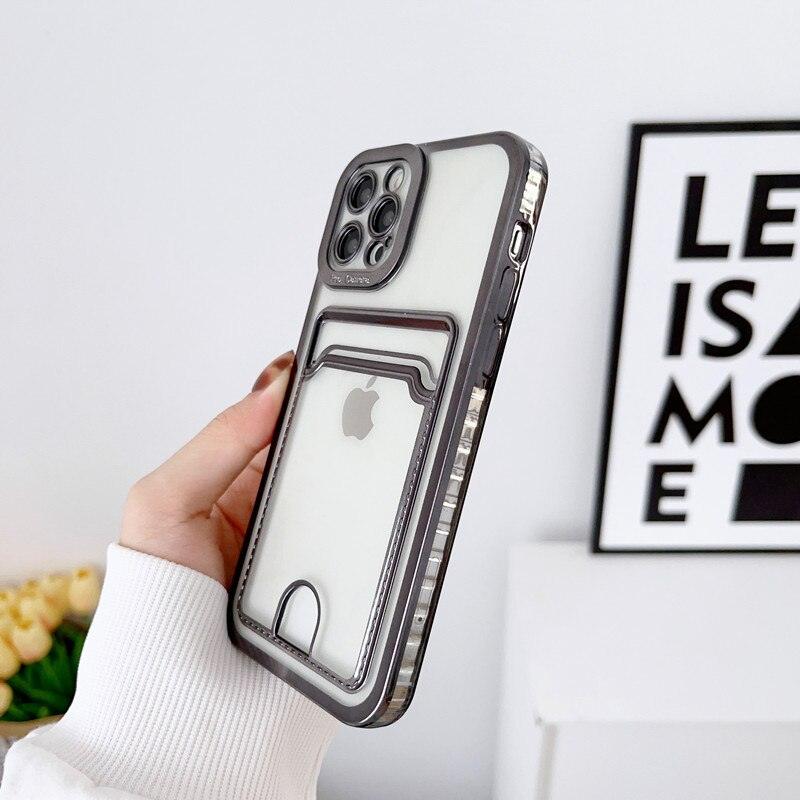 Étui de téléphone carré de luxe pour iPhone 13 11 14 12 Pro Max Mini XS XR 6s 7 8 Plus SE Coque souple en silicone avec porte-cartes Emplacement pour carte transparent Étui de protection mince en portefeuille souple