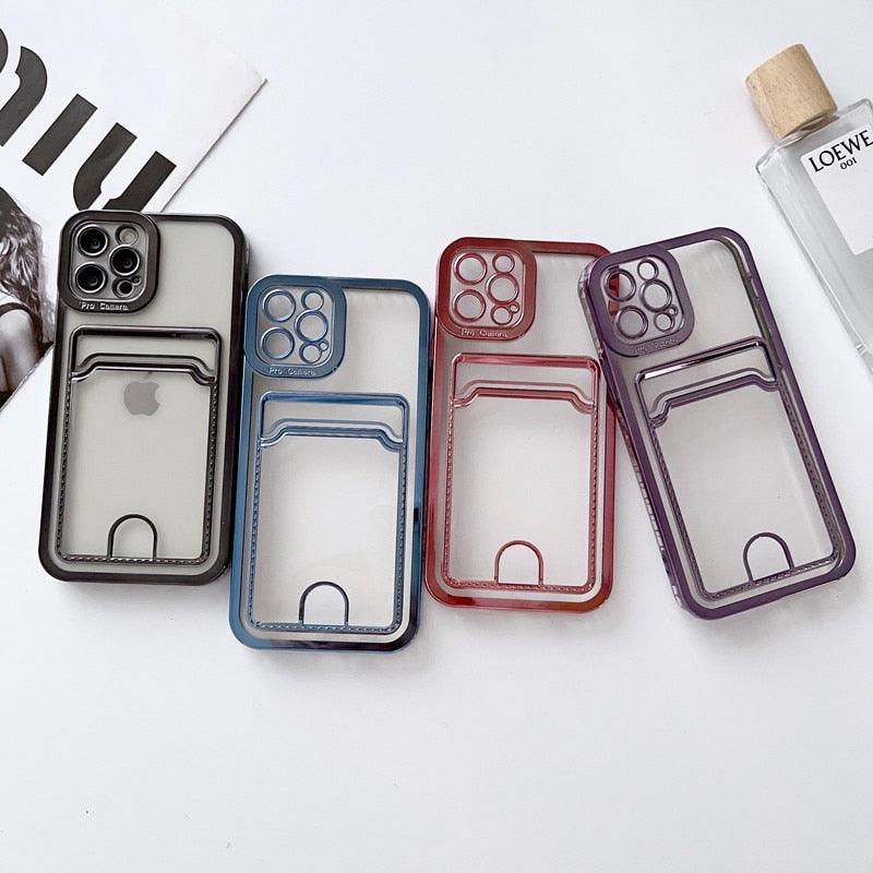 Étui de téléphone carré de luxe pour iPhone 13 11 14 12 Pro Max Mini XS XR 6s 7 8 Plus SE Coque souple en silicone avec porte-cartes Emplacement pour carte transparent Étui de protection mince en portefeuille souple