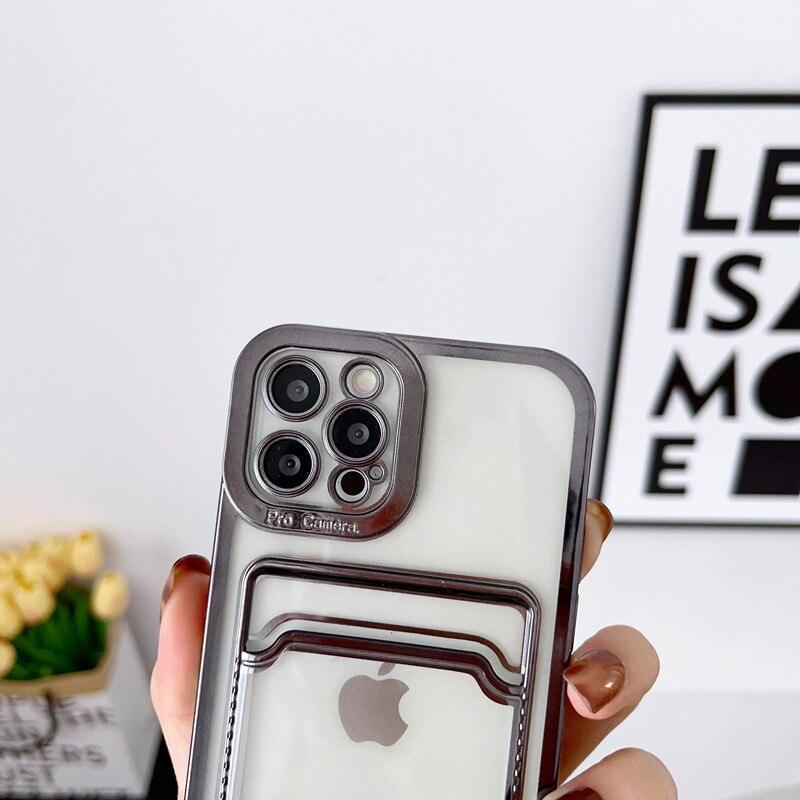 Étui de téléphone carré de luxe pour iPhone 13 11 14 12 Pro Max Mini XS XR 6s 7 8 Plus SE Coque souple en silicone avec porte-cartes Emplacement pour carte transparent Étui de protection mince en portefeuille souple