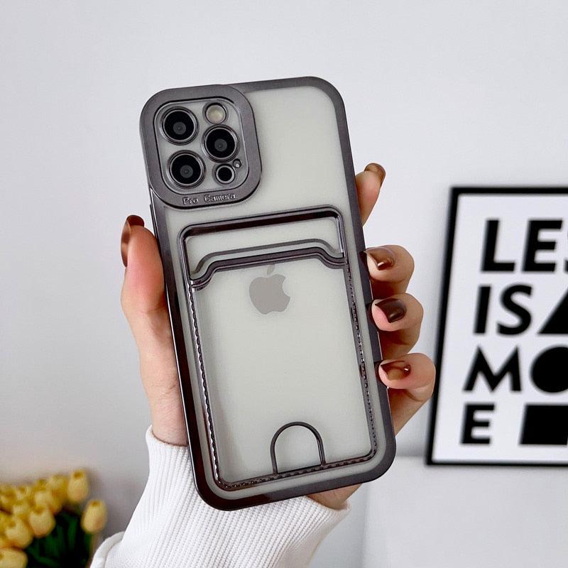 Étui de téléphone carré de luxe pour iPhone 13 11 14 12 Pro Max Mini XS XR 6s 7 8 Plus SE Coque souple en silicone avec porte-cartes Emplacement pour carte transparent Étui de protection mince en portefeuille souple