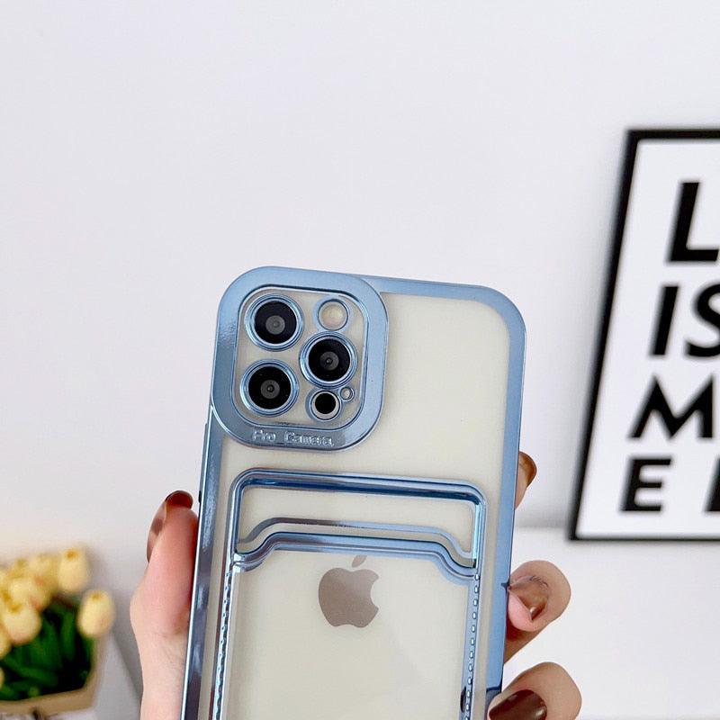 Étui de téléphone carré de luxe pour iPhone 13 11 14 12 Pro Max Mini XS XR 6s 7 8 Plus SE Coque souple en silicone avec porte-cartes Emplacement pour carte transparent Étui de protection mince en portefeuille souple
