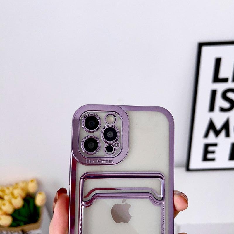 Étui de téléphone carré de luxe pour iPhone 13 11 14 12 Pro Max Mini XS XR 6s 7 8 Plus SE Coque souple en silicone avec porte-cartes Emplacement pour carte transparent Étui de protection mince en portefeuille souple