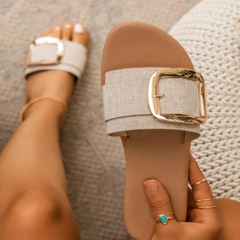 Chaussons de luxe pour femme avec motif léopard, chaussures d'été plates, boucle de mode pour femme, chaussures plates à bout ouvert, sandales à enfiler décontractées et confortables avec bride réglable, pour l'intérieur et l'extérieur, plage