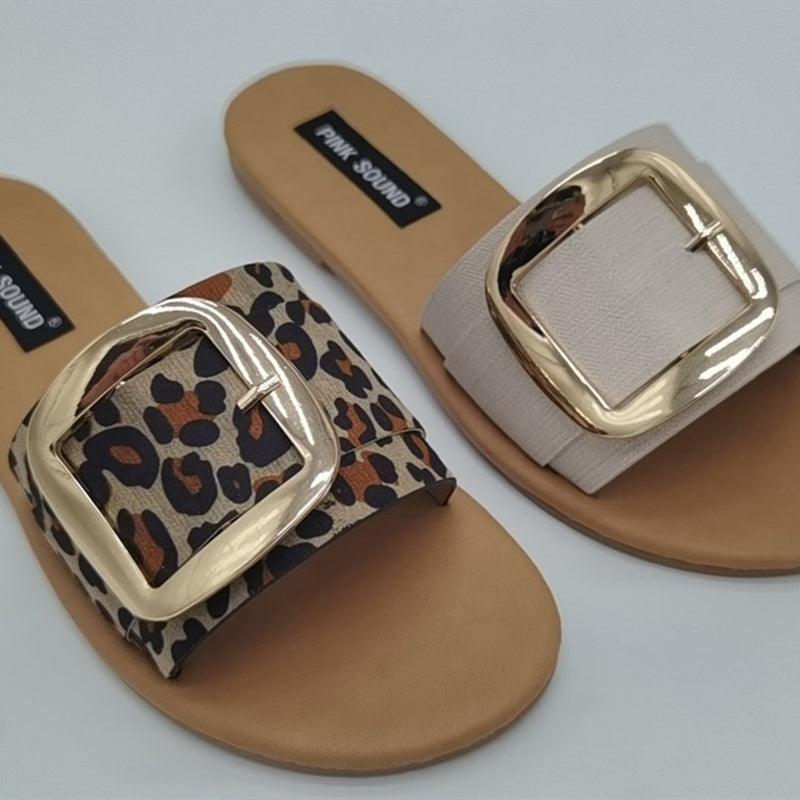 Chaussons de luxe pour femme avec motif léopard, chaussures d'été plates, boucle de mode pour femme, chaussures plates à bout ouvert, sandales à enfiler décontractées et confortables avec bride réglable, pour l'intérieur et l'extérieur, plage