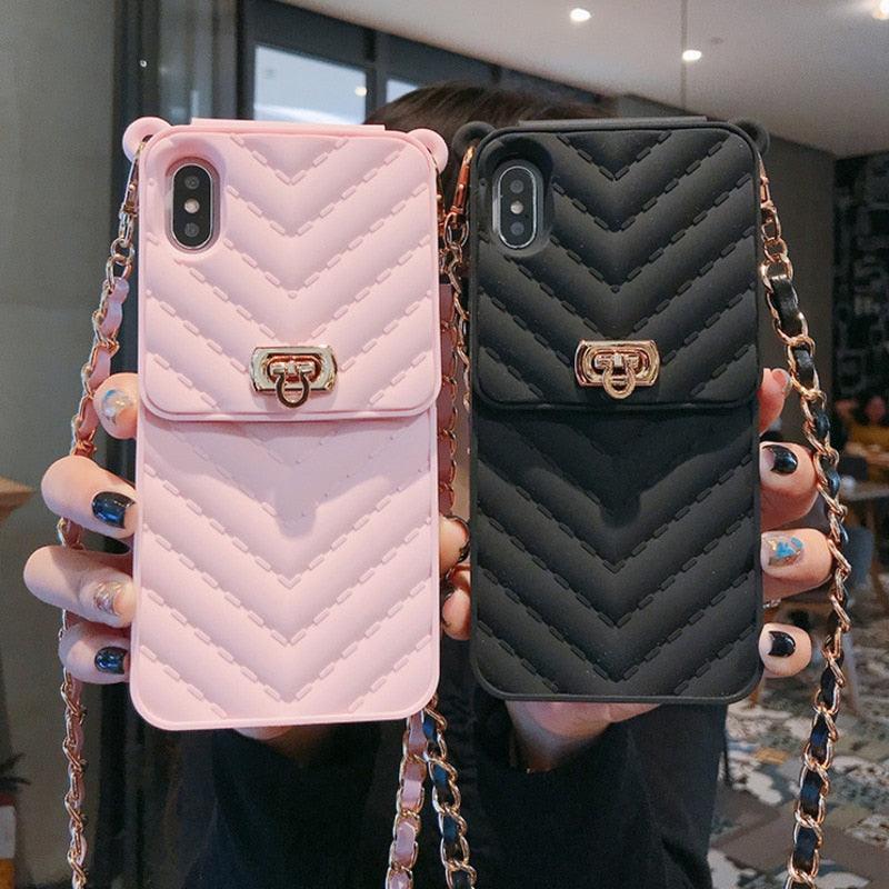Étui de luxe portefeuille pour téléphone iPhone 14 13 12 MINI 11 Pro XR XS Max 6 7 8 Plus, coque en silicone avec pochette pour cartes, sangle et chaîne bandoulière, porte-cartes, fente, sac à main, dragonne de protection