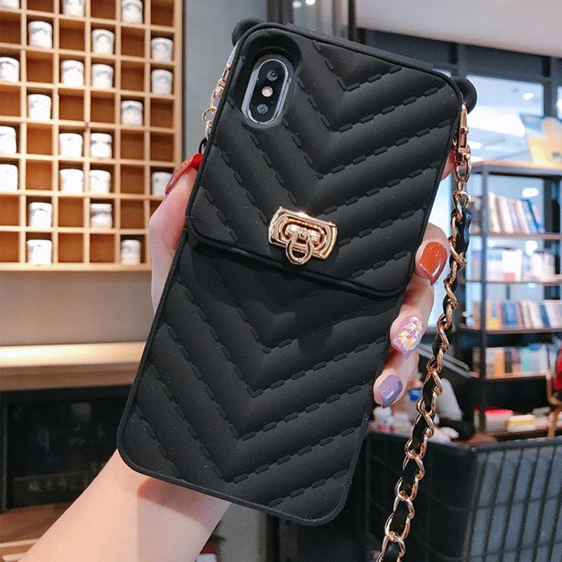Étui de luxe portefeuille pour téléphone iPhone 14 13 12 MINI 11 Pro XR XS Max 6 7 8 Plus, coque en silicone avec pochette pour cartes, sangle et chaîne bandoulière, porte-cartes, fente, sac à main, dragonne de protection