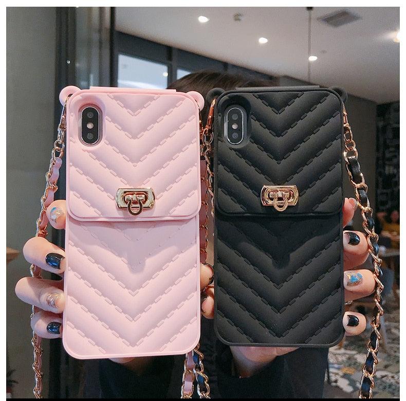 Étui de luxe portefeuille pour téléphone iPhone 14 13 12 MINI 11 Pro XR XS Max 6 7 8 Plus, coque en silicone avec pochette pour cartes, sangle et chaîne bandoulière, porte-cartes, fente, sac à main, dragonne de protection