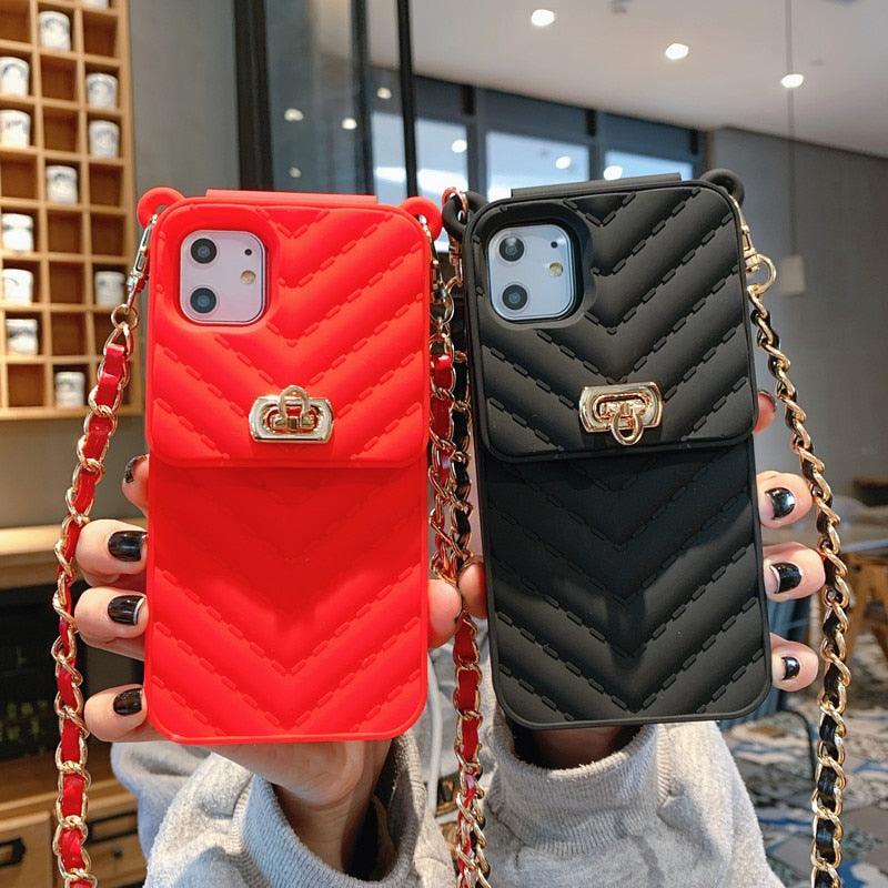 Étui de luxe portefeuille pour téléphone iPhone 14 13 12 MINI 11 Pro XR XS Max 6 7 8 Plus, coque en silicone avec pochette pour cartes, sangle et chaîne bandoulière, porte-cartes, fente, sac à main, dragonne de protection