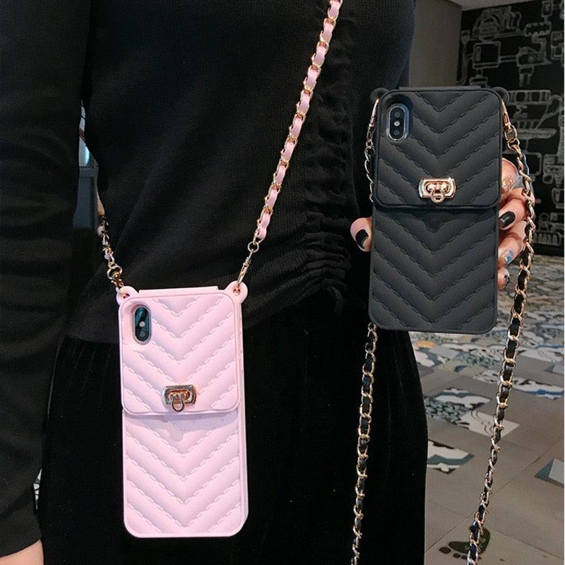 Étui de luxe portefeuille pour téléphone iPhone 14 13 12 MINI 11 Pro XR XS Max 6 7 8 Plus, coque en silicone avec pochette pour cartes, sangle et chaîne bandoulière, porte-cartes, fente, sac à main, dragonne de protection