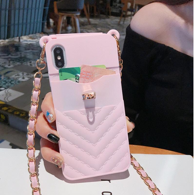 Étui de luxe portefeuille pour téléphone iPhone 14 13 12 MINI 11 Pro XR XS Max 6 7 8 Plus, coque en silicone avec pochette pour cartes, sangle et chaîne bandoulière, porte-cartes, fente, sac à main, dragonne de protection
