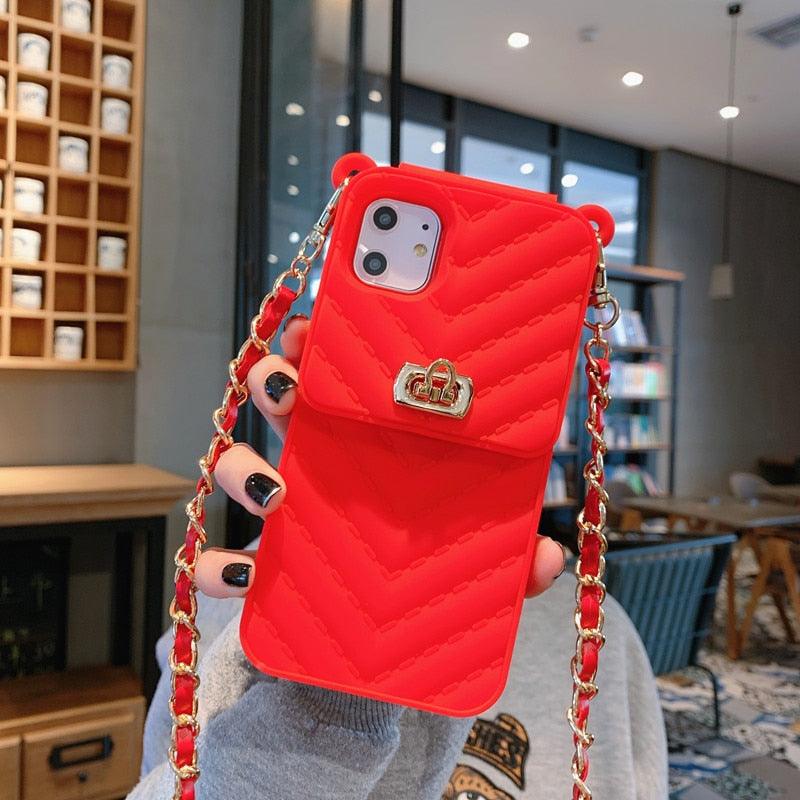 Étui de luxe portefeuille pour téléphone iPhone 14 13 12 MINI 11 Pro XR XS Max 6 7 8 Plus, coque en silicone avec pochette pour cartes, sangle et chaîne bandoulière, porte-cartes, fente, sac à main, dragonne de protection