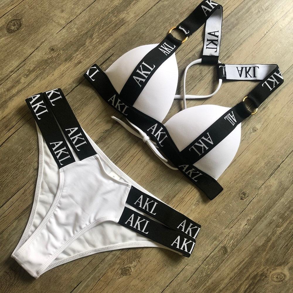 Ensemble de Bikini de Luxe pour Femmes, Maillot de Bain Imprimé Lettres, Push Up, Bandage, Maillot de Bain Noir pour Femmes, Maillot de Bain de Natation