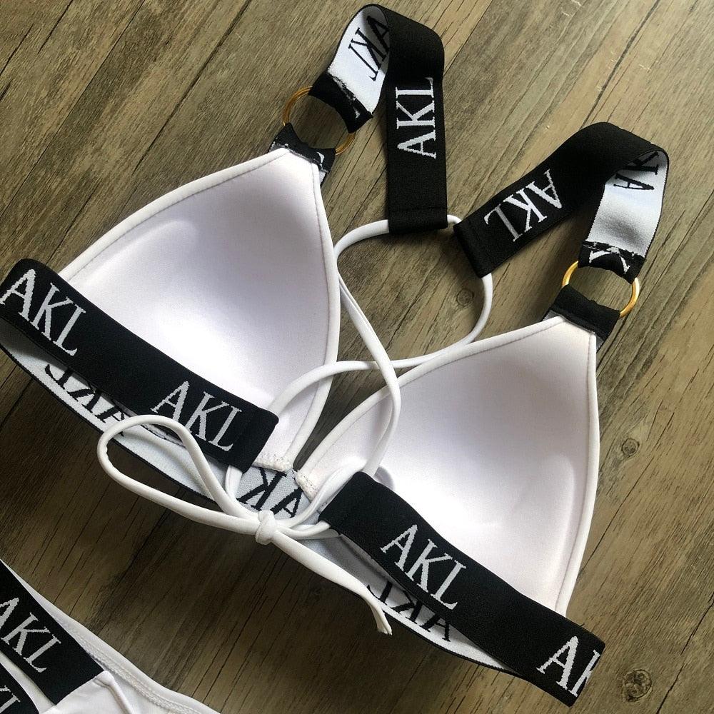 Ensemble de Bikini de Luxe pour Femmes, Maillot de Bain Imprimé Lettres, Push Up, Bandage, Maillot de Bain Noir pour Femmes, Maillot de Bain de Natation