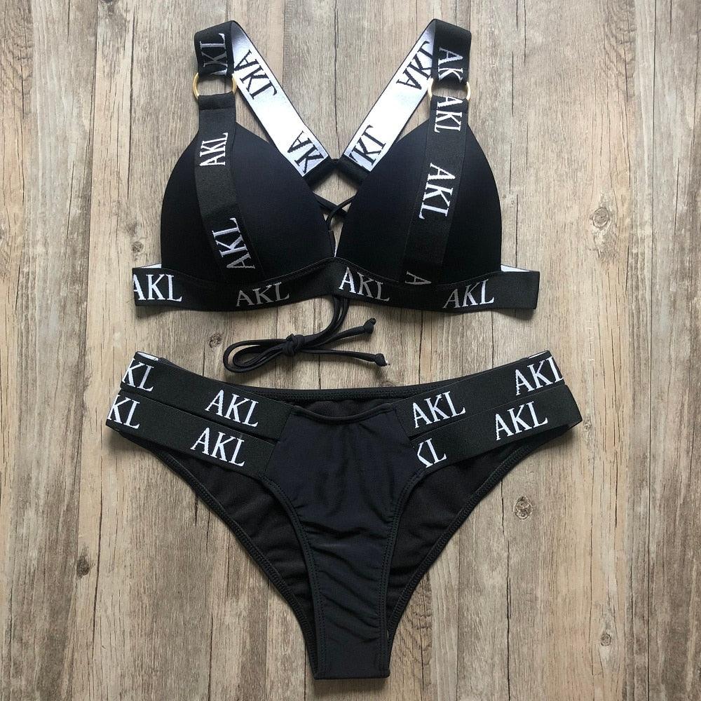 Ensemble de Bikini de Luxe pour Femmes, Maillot de Bain Imprimé Lettres, Push Up, Bandage, Maillot de Bain Noir pour Femmes, Maillot de Bain de Natation