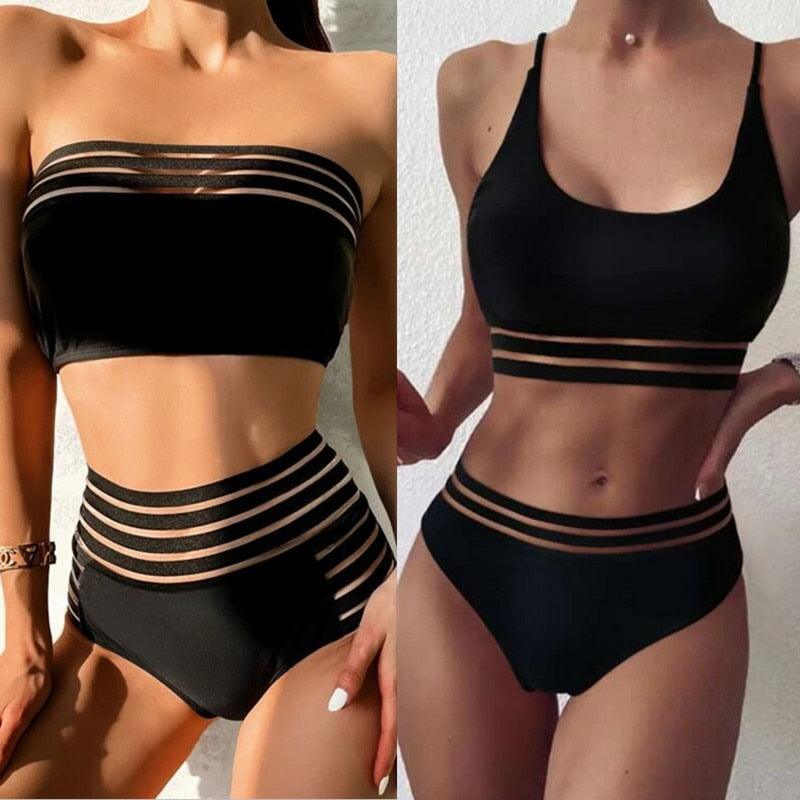 Maillot de bain de luxe pour femme, bikini noir, taille haute, 2 pièces, ensemble de maillot de bain, maillot de bain de plage pour femme, ensemble bikini bandage taille haute deux pièces, push-up