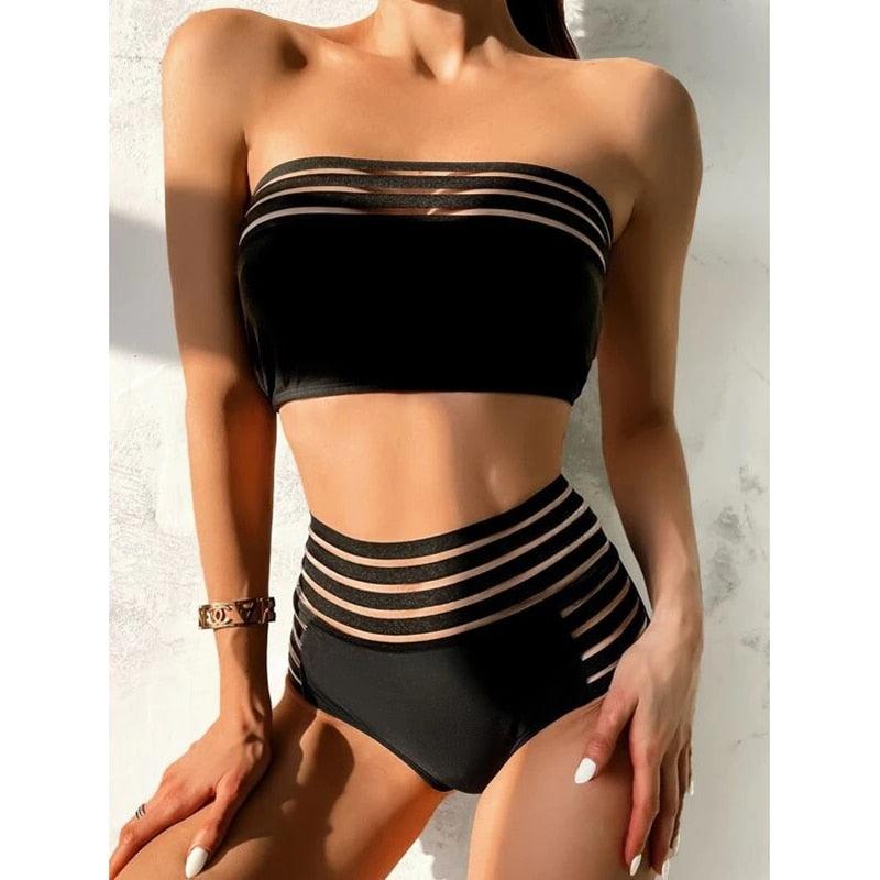 Maillot de bain de luxe pour femme, bikini noir, taille haute, 2 pièces, ensemble de maillot de bain, maillot de bain de plage pour femme, ensemble bikini bandage taille haute deux pièces, push-up