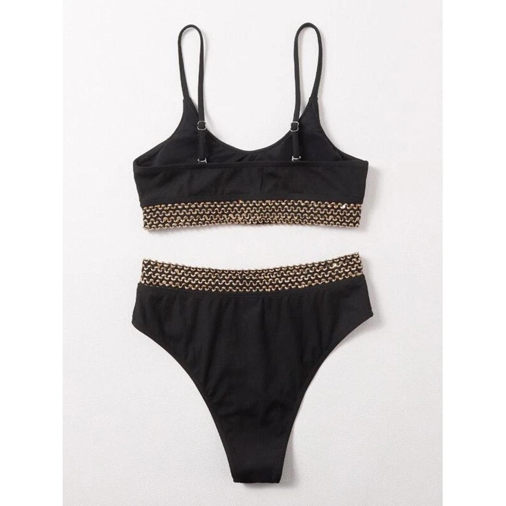 Maillot de bain de luxe pour femme, bikini noir, taille haute, 2 pièces, ensemble de maillot de bain, maillot de bain de plage pour femme, ensemble bikini bandage taille haute deux pièces, push-up