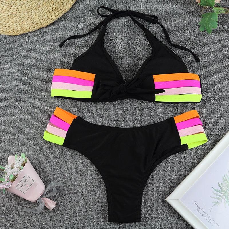 Maillot de bain de luxe pour femme, bikini noir, taille haute, 2 pièces, ensemble de maillot de bain, maillot de bain de plage pour femme, ensemble bikini bandage taille haute deux pièces, push-up
