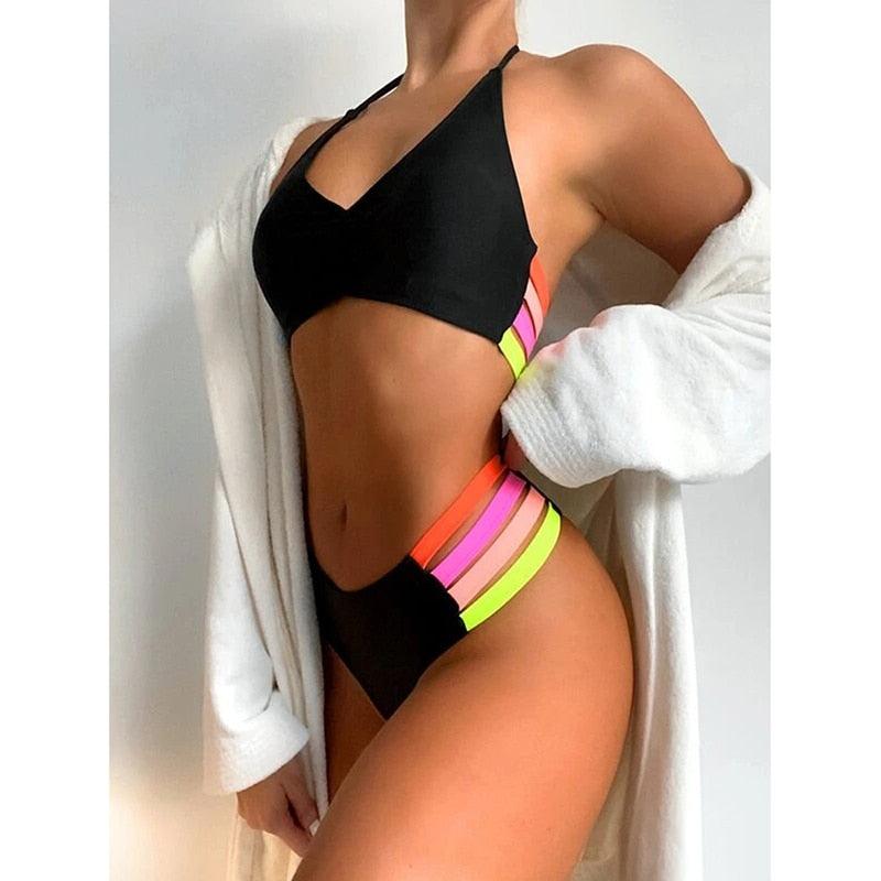 Maillot de bain de luxe pour femme, bikini noir, taille haute, 2 pièces, ensemble de maillot de bain, maillot de bain de plage pour femme, ensemble bikini bandage taille haute deux pièces, push-up