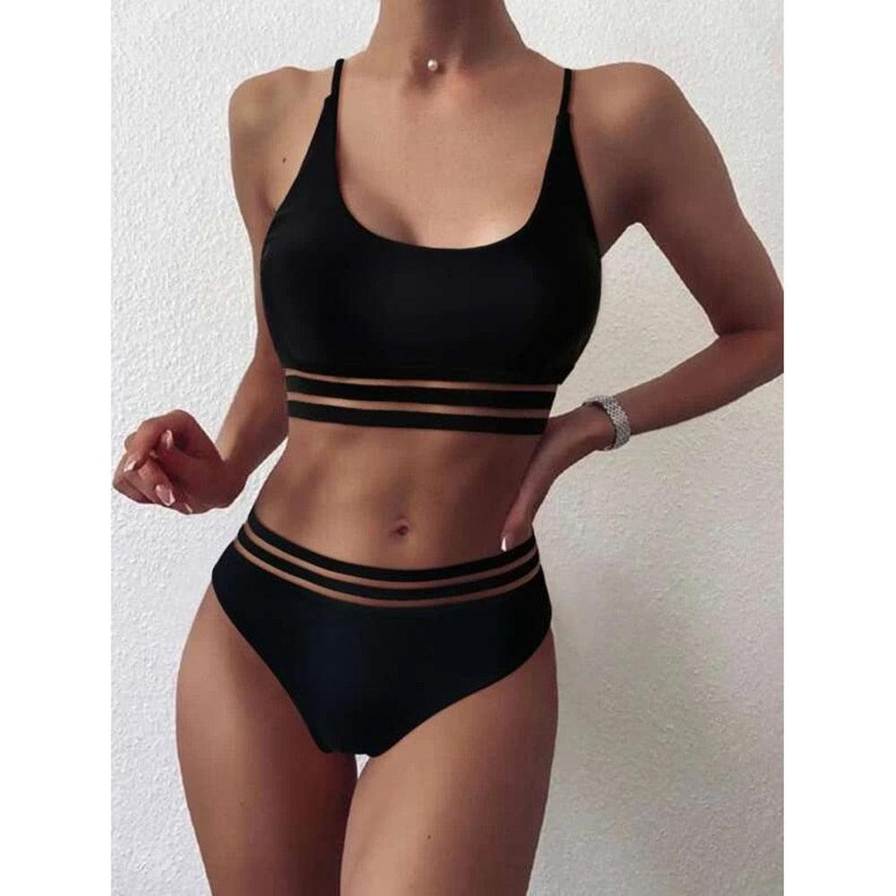 Maillot de bain de luxe pour femme, bikini noir, taille haute, 2 pièces, ensemble de maillot de bain, maillot de bain de plage pour femme, ensemble bikini bandage taille haute deux pièces, push-up