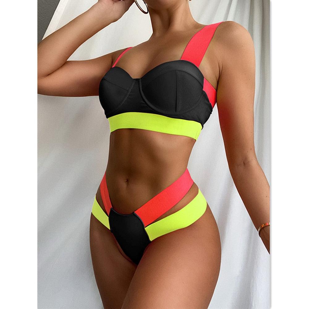 Maillot de bain de luxe pour femme, bikini noir, taille haute, 2 pièces, ensemble de maillot de bain, maillot de bain de plage pour femme, ensemble bikini bandage taille haute deux pièces, push-up