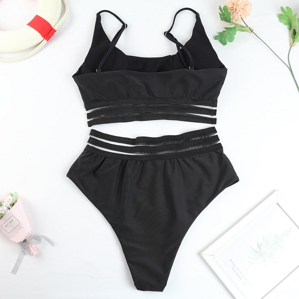 Maillot de bain de luxe pour femme, bikini noir, taille haute, 2 pièces, ensemble de maillot de bain, maillot de bain de plage pour femme, ensemble bikini bandage taille haute deux pièces, push-up