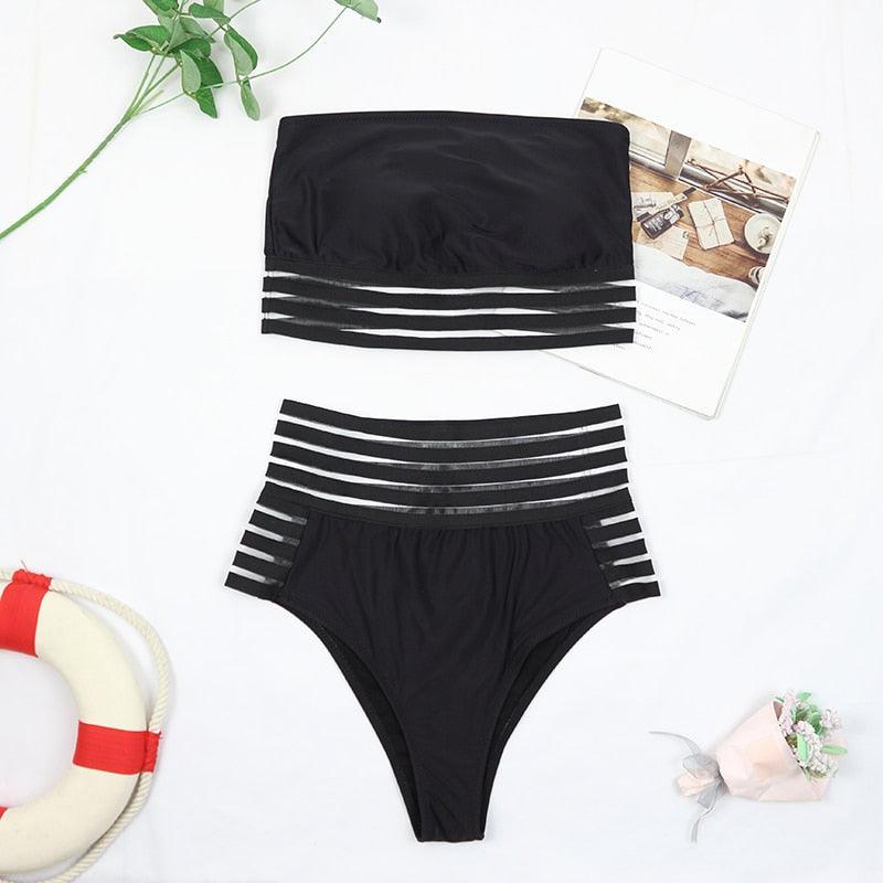 Maillot de bain de luxe pour femme, bikini noir, taille haute, 2 pièces, ensemble de maillot de bain, maillot de bain de plage pour femme, ensemble bikini bandage taille haute deux pièces, push-up