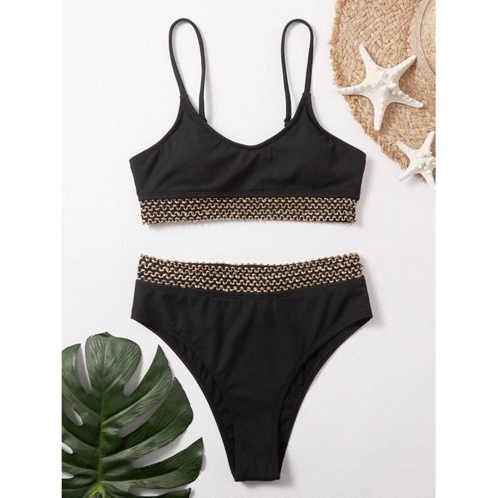 Maillot de bain de luxe pour femme, bikini noir, taille haute, 2 pièces, ensemble de maillot de bain, maillot de bain de plage pour femme, ensemble bikini bandage taille haute deux pièces, push-up