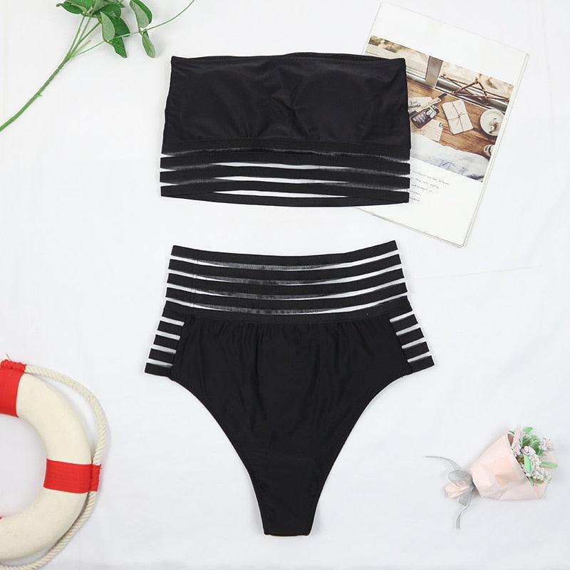 Maillot de bain de luxe pour femme, bikini noir, taille haute, 2 pièces, ensemble de maillot de bain, maillot de bain de plage pour femme, ensemble bikini bandage taille haute deux pièces, push-up
