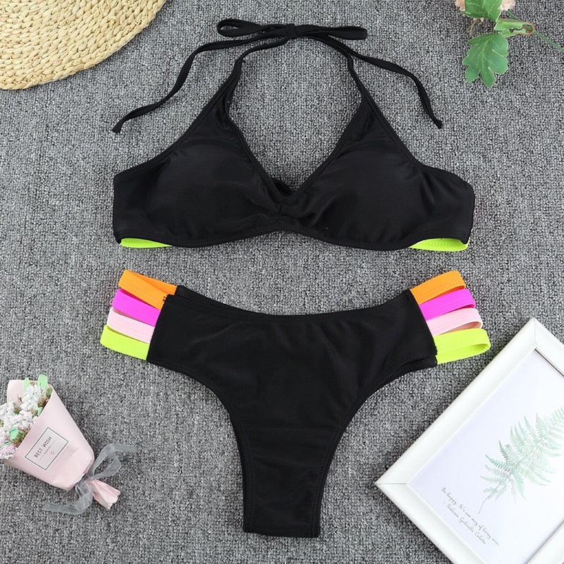 Maillot de bain de luxe pour femme, bikini noir, taille haute, 2 pièces, ensemble de maillot de bain, maillot de bain de plage pour femme, ensemble bikini bandage taille haute deux pièces, push-up