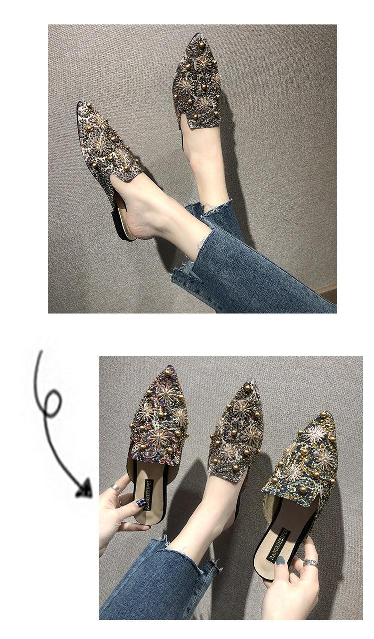 Mules de luxe pour femmes Chaussons d'été Dames Chaussures pour femmes Nouveaux talons bas Chaussures décontractées plates Tongs pour femmes Mules pour femmes Chaussons plats à enfiler Mocassins Pointu Mules pour femmes