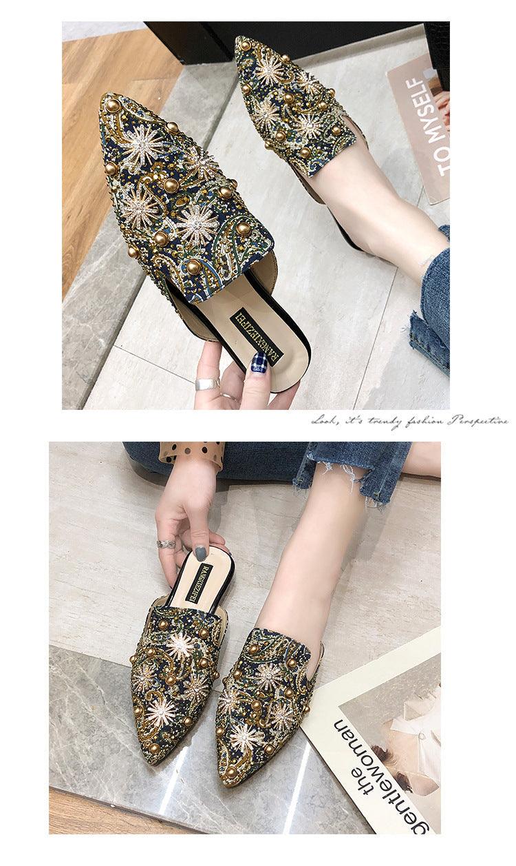 Mules de luxe pour femmes Chaussons d'été Dames Chaussures pour femmes Nouveaux talons bas Chaussures décontractées plates Tongs pour femmes Mules pour femmes Chaussons plats à enfiler Mocassins Pointu Mules pour femmes