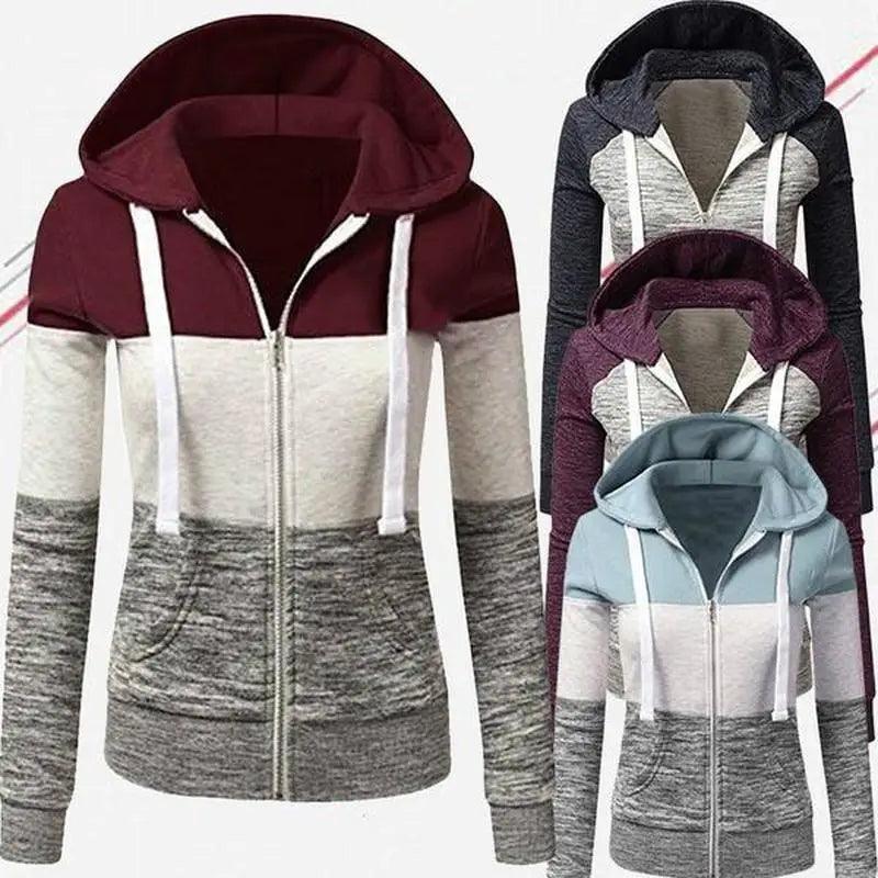 Sweat-shirt à capuche patchwork de luxe pour femmes, printemps automne, veste à capuche slim, mode, manches longues, cordon de serrage, poches, sweat à capuche pour femmes, bloc de couleurs, décontracté, pull à capuche
