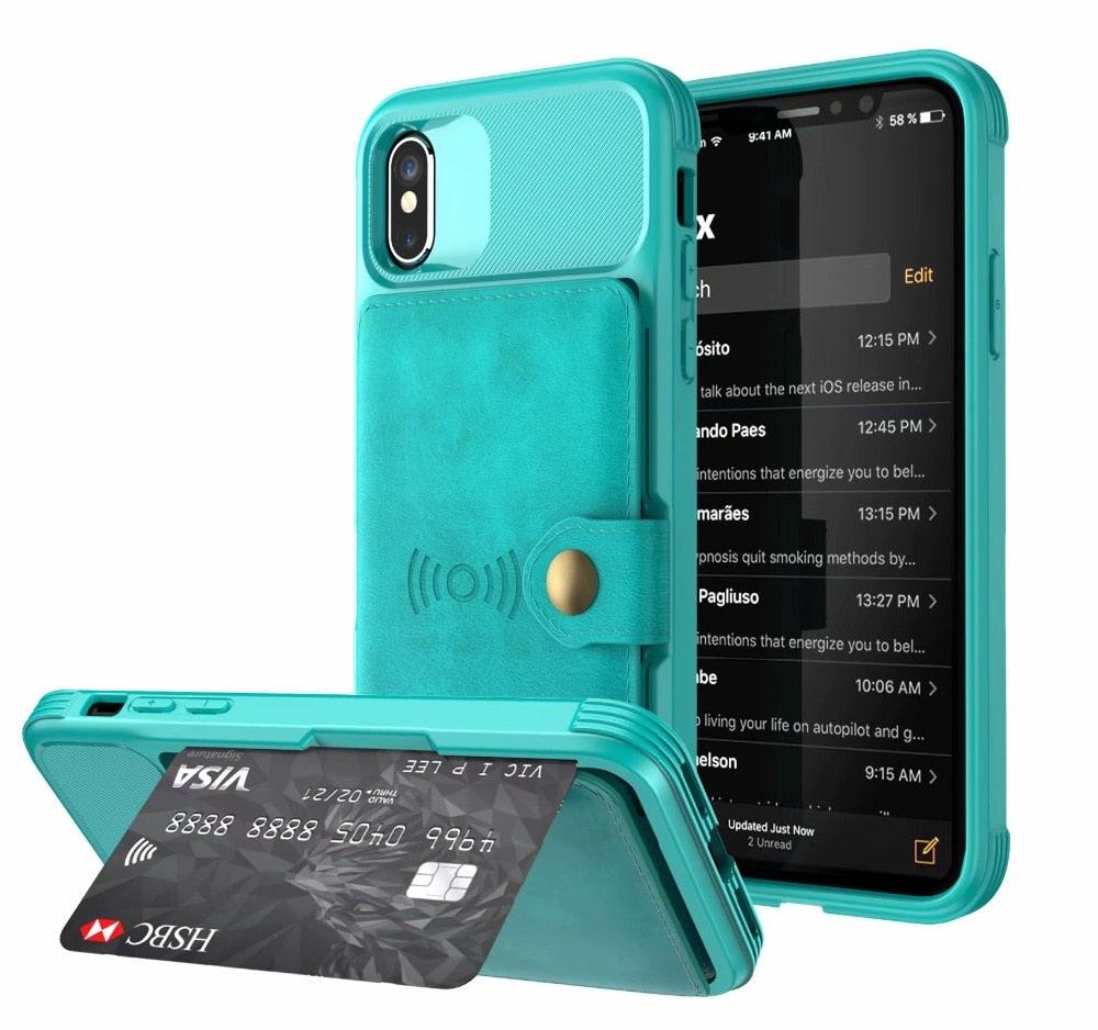 Étui portefeuille magnétique en cuir noir pour iPhone 14 13 11 12, étui blindé antichoc avec porte-cartes, étui à rabat avec boucle, pochette en cuir pour argent et cartes, support de protection durable, étui de téléphone haute capacité