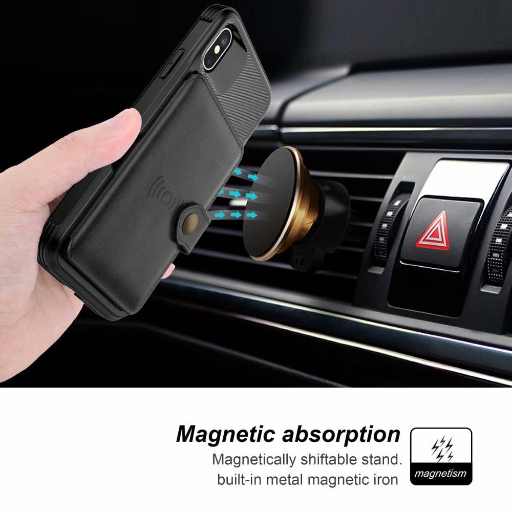 Étui portefeuille magnétique en cuir noir pour iPhone 14 13 11 12, étui blindé antichoc avec porte-cartes, étui à rabat avec boucle, pochette en cuir pour argent et cartes, support de protection durable, étui de téléphone haute capacité