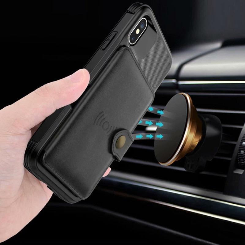 Étui portefeuille magnétique en cuir noir pour iPhone 14 13 11 12, étui blindé antichoc avec porte-cartes, étui à rabat avec boucle, pochette en cuir pour argent et cartes, support de protection durable, étui de téléphone haute capacité